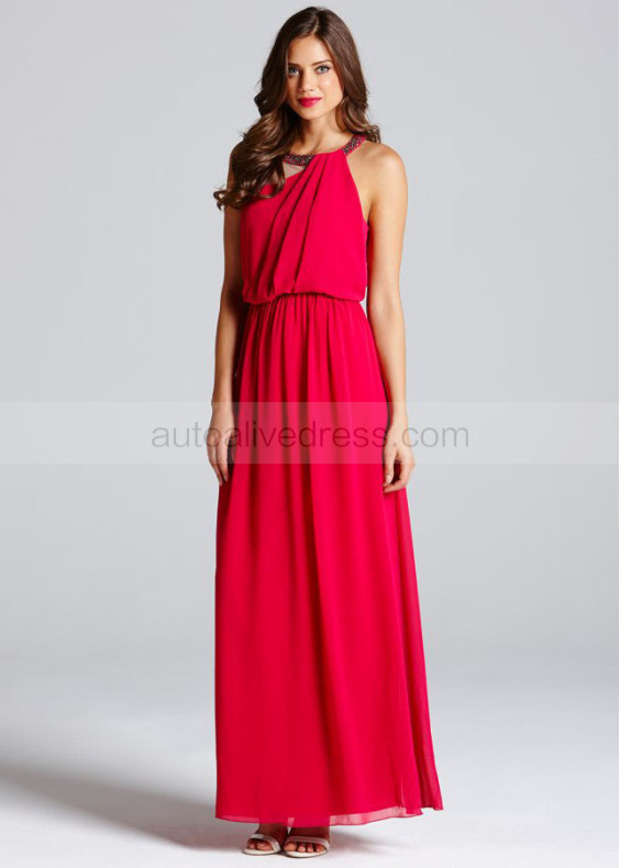Fuchsia Chiffon Halter Neckline Long Prom Dress